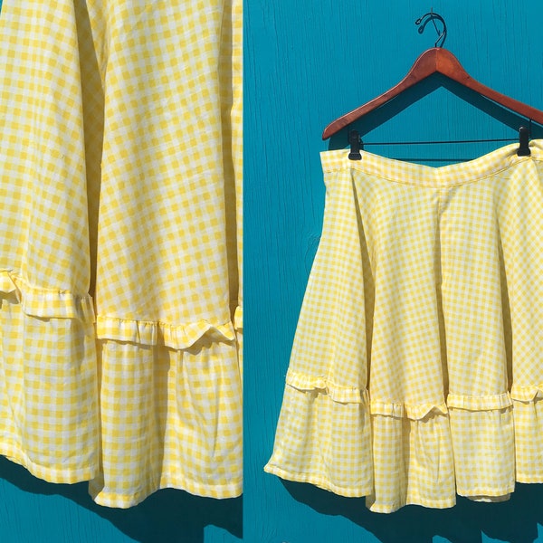 1970s Yellow Gingham Skirt Handmade Vintage Circle Skirt Size Extra Large Cottagecore Summer