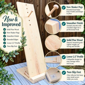 Collapsible Wood Wreath Stand, Adjustable Pegs, 34in Tall, Wreath Design Easel