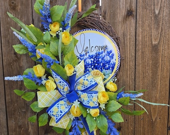 Spring Wreath, Blue Yellow Floral Grapevine Wreath, Texas Bluebonnet Door Decor, Yellow Rose Welcome Wreath, Front Door Decor