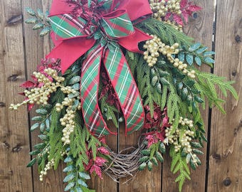 Holiday Grapevine Wreath, Plaid Bow, Rustic Farmhouse Christmas