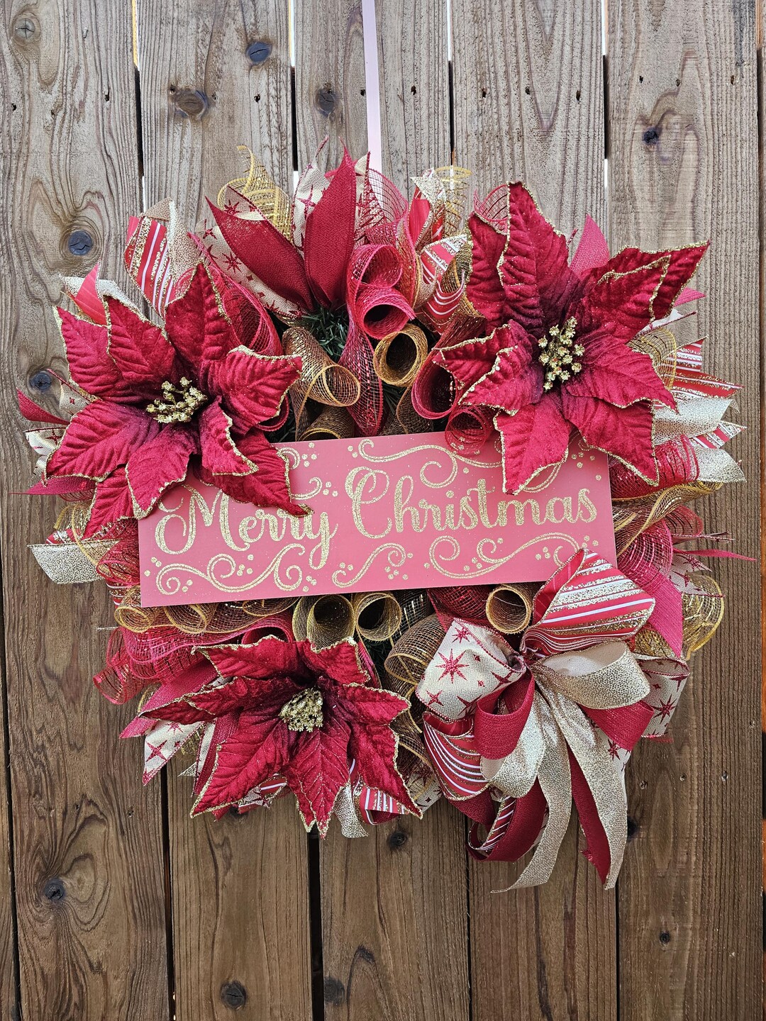 Red & Gold Poinsettia Christmas Wreath - Etsy