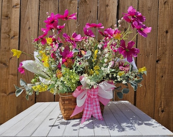 Spring Floral Basket Centerpiece with Bunny and Pink Bow – Easter Decor