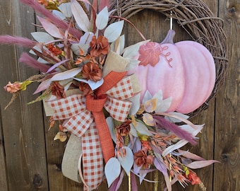 Pink Pumpkin Fall Wreath, Grapevine Autumn Door Decor, Rustic Floral Wreath