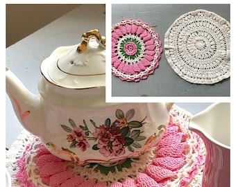 Vintage Crocheted Doily Pair Pink n Green Ruffle & Simple White Retro Kitchen Decor