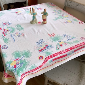 Vintage CHP Mexican Tablecloth Market Day California Hand Prints Retro Southwestern Kitchen Table Cloth