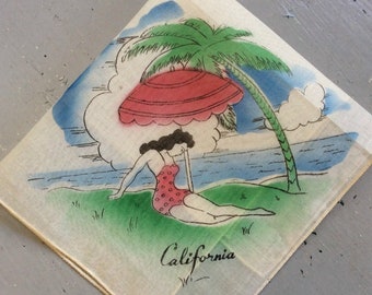 Vintage California Hanky Souvenir Bathing Beauty Dorothy Lamour Pin Up NOS Tinted Retro State Fun