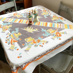 Vintage Mexican Tablecloth Broderie Pottery Sombreros & Cherries w Serape Stripe Retro Southwestern Kitchen
