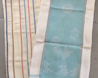 Vintage Tea Towels Pair Colorful Stripes & Hardy Craft Rooster in Mid Century Aqua Sunrise