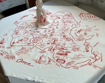 Vintage Souvenir Tablecloth & Napkin Island of Oahu Hawaii, State Map, Retro Kitchen, Beach House Decor