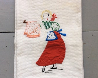 Vintage Guest Towel Embroidered Appliqued Lady in Red Retro Hand Towel