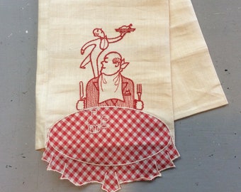 Vintage Tea Towel Dinner at the Italian Restaurant Applique and Embroidered Imperial MWT NWT NOS Retro Kitchen Fun Red & White