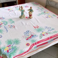 Vintage Simtex Tablecloth ~ Happy Tree Pattern ~ Floral Topiary Garland ...
