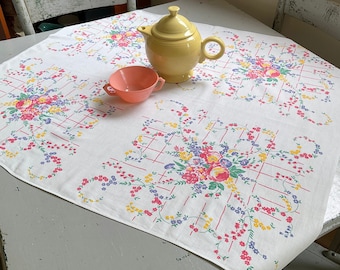 Vintage Tablecloth Colorful Wildflowers Peonies Morning Glories Winding on Lattice