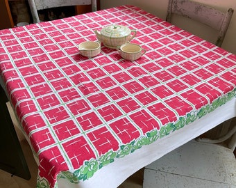 Vintage Tablecloth Green Roses Around Red & White Plaid