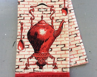Vintage Tea Towel Fireside Tea Kettle Red & White Retro Kitchen NOS Cottagecore Decor