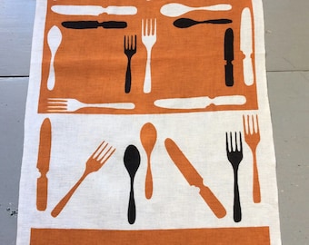 Vintage Startex Tea Towel MCM Utensils Knife Fork Spoon in Geometric Pattern