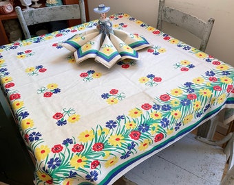Vintage Tablecloth & Napkins Colorful Daisies Cornflowers Marigolds MWT NWT NOS Retro Kitchen Floral