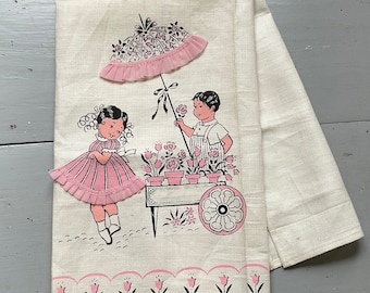 Vintage Linen Towel: Children at Flower Cart, Pink Parasol - Imperial MWT