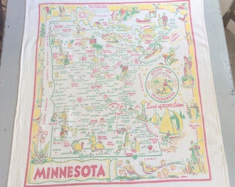 Vintage Souvenir Tablecloth Marvelous Minnesota Rare State Map Retro Kitchen Table Cloth