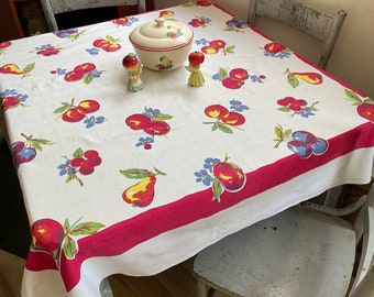 Vintage Tablecloth Colorful Fruit Pedigree Apples Pears More Retro Kitchen