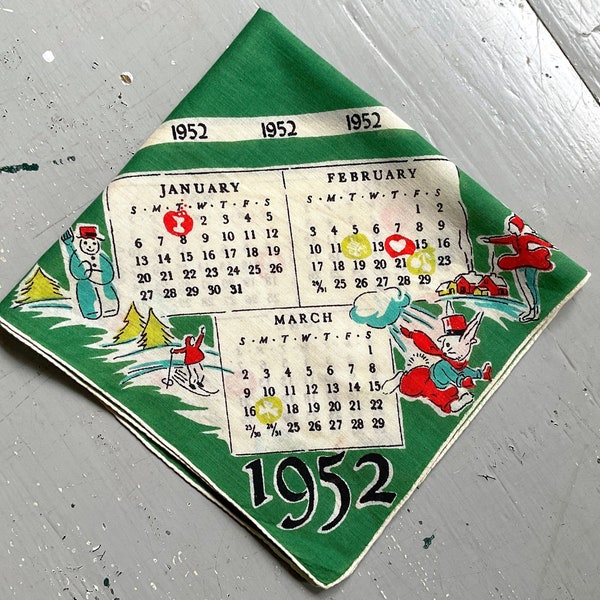 Vintage 1952 Calendar Hankie Celebrate Every Holiday Each Month