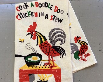 Vintage Tea Towel Chicken in a Stew Rooster Crows Retro Kitchen Farmhouse Decor Fun