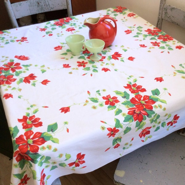 Vintage Wilendur Tablecloth Red Clematis Retro Kitchen Floral Christmas Colors