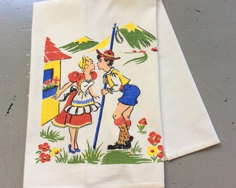 Vintage Tea Towel Alpine Lovers in a Swiss Kiss Retro Kitchen Fun
