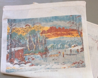 Vintage 1978 Calendar Towel Winter in the Country Retro Kitchen Wall Hanging Snow Scene