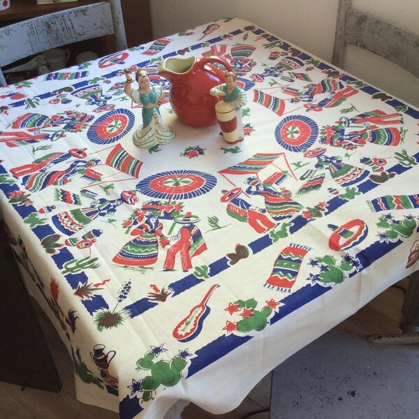 Vintage Messicano Tovaglia Mercato Giornata Ceramica in vendita Maxtex MWT NWT NOS Colorato Serape Sombrero Cactus Retro Sud-Ovest Cucina
