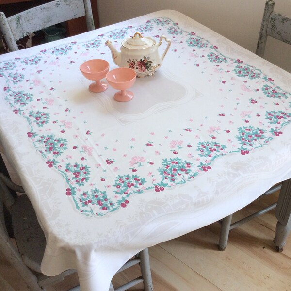 Vintage Tablecloth Pretty Pink Fruit Trees Retro Kitchen Apple Cherry Cottagecore Decor