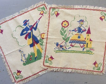 Servilletas vintage Tony Sarg, juego de 2 (para él y para ella): Niño y niña paseando al perro y de caza.