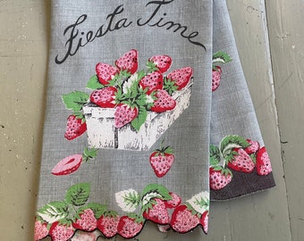 Vintage Towel Fiesta Time with Strawberries Scalloped Hem Retro Kitchen Fun