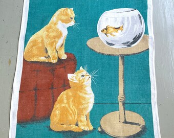 Vintage Wall Hanging Towel Kittens Watch a Goldfish in Bowl Ulster Temptation Retro Kitchen Mid Century