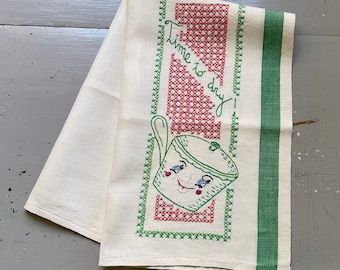 Vintage Embroidered Towel Smiling Pot Time to Dry