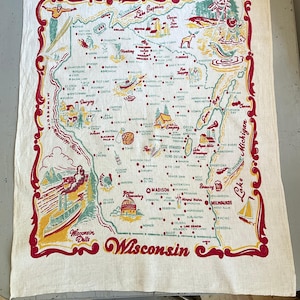 Vintage Souvenir Tischdecke Wisconsin Skiing Angeln Käseindustrie Great Lakes Retro Kitchen State Map