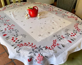 Vintage Tablecloth Mid Century Modern Red & Gray Leaves w a Floating Vine Retro Kitchen