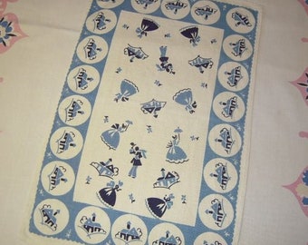 Vintage Tea Towel Southern Belle and Gentlemen Promenade Blue and White Retro Kitchen