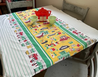 Vintage Pat Prichard Tablecloth Old West Steam Engine Trains Wells Fargo Mail Frontier Store Mid Century Modern Fun