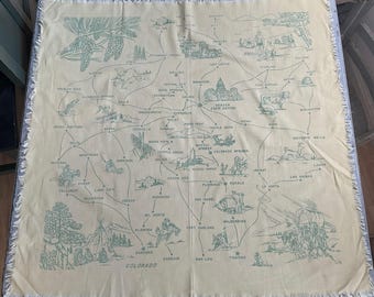 Vintage Souvenir Tablecloth Colorado 1950s Cowboys State Map