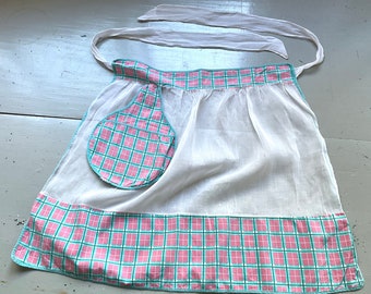 Vintage Apron Geometric Windowpane Checks Pockets Pink & Green Retro Kitchen