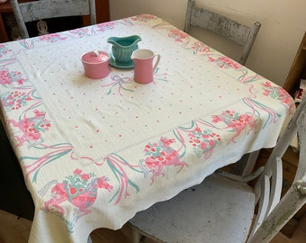 Vintage Startex Tablecloth Merry Go Round Horses Pink & Green Retro Kitchen Polka Dots