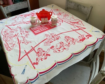 Vintage WWII Tablecloth War Played on the Football Field Retro Kitchen Patriotic