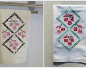 Vintage Embroidered Tea Towels Pair of Pretty Pink & Red Cherries Lot Retro Kitchen Fruit