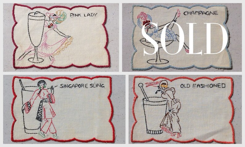 Vintage Cocktail Napkin Embroidered Showgirl Dips Beside a Pink Lady Risqu\u00e9 Glass Retro Bar