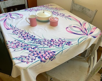 Vintage Tablecloth Colorful Forsythia Bouquets Tied in Bows