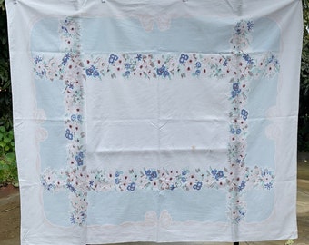 Vintage Cutter Tablecloth Pale Blue Peonies & Bows Cutter Craft AS IS