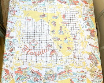 Vintage Souvenir Tablecloth Fun & Fabulous Florida Sunny Yellow Parisian Prints Fishing Nets