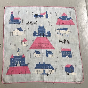 Vintage Mid Century Souvenir Hankie Colonial Williamsburg Virginia Emily Whaley