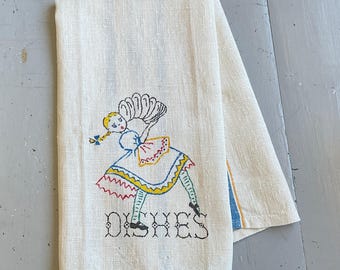 Vintage Towel Pigtailed Girl Dries the Dishes Retro Kitchen Pippi Longstocking